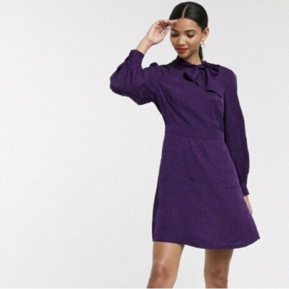 New & Other Stories Purple Jacquard Pussybow Mini Dress